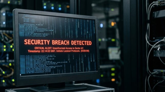 Security Breach Alert on Computer Screen in Server Room with Data Stream