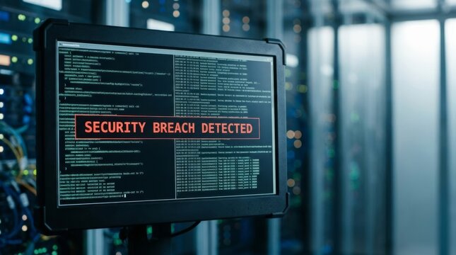 Computer monitor displays "SECURITY BREACH DETECTED" alert in a server room, highlighting data security concerns.