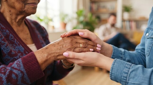A Person Holding Gently The Hands Of An Elderly Woman With Love And Carefulness In A Cozy Building