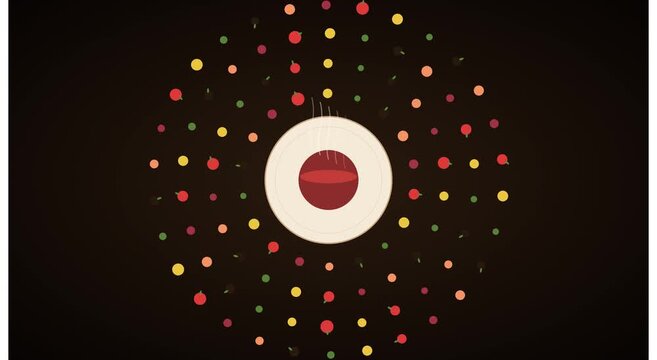Minimalist flat animation of steaming hot coffee cup surrounded by floating colorful coffee beans and berries
