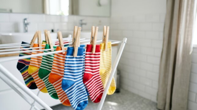 Brightly colored striped socks drying on a rack in a clean, modern bathroom, showcasing texture and detail.
