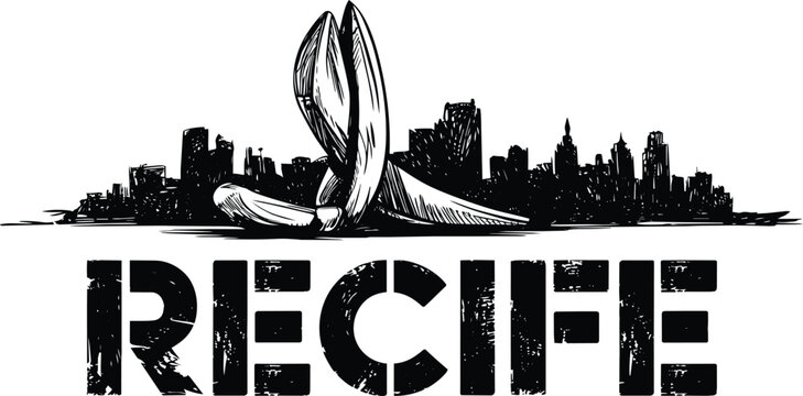 Recife city skyline silhouette vector illustration featuring the giant jangada sculpture and bold typography in a hand drawn sketch style isolated on a transparent background