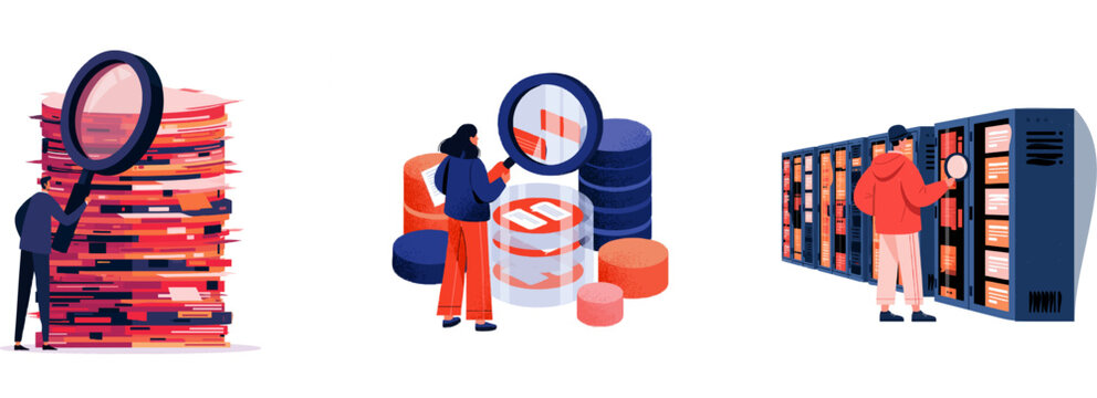 A corporate auditor examines unencrypted customer chat logs with a magnifying glass atop a stack of documents in a flat vector illustration style