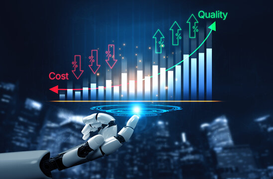 Robotic Hand Displaying a Holographic Graph Illustrating Cost and Quality Improvement in Business and Data Analytics Environment. Bitwise.