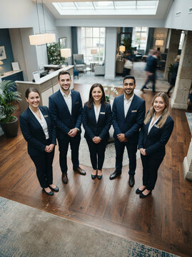 Five staff in navy suits standing on a polished wooden lobby floor in a calm quiet moment