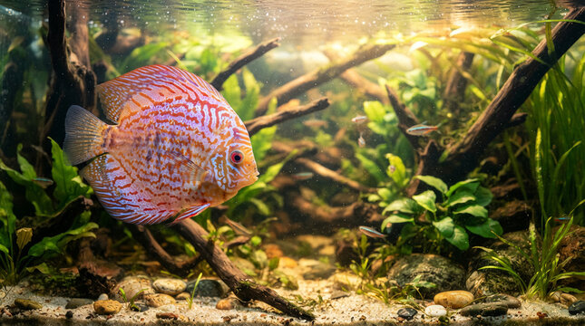 Copper orange discus fish swims among green aquatic flora in community tank