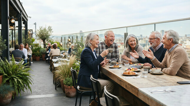 Four older adults raising glasses at a rooftop table above a cityscape