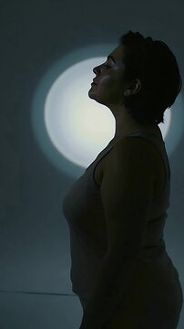 Vertical video: Lifting model in tan tank tilting chin as halo moving inward, catching studio light