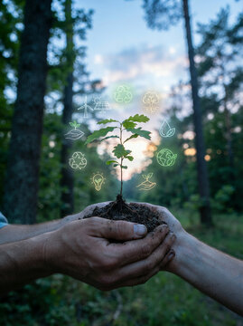 Cupped hands holding an oak sapling with icons in a dappled green woodland
