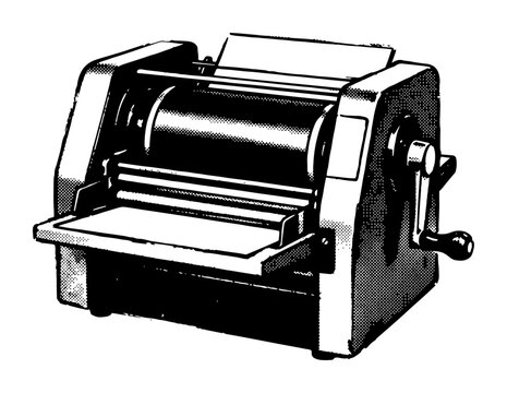Vintage printing press machine in distressed halftone stamp style