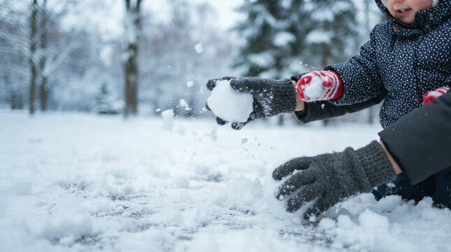 Child kneeling in deep snow throwing a snowball in a bare forest in soft daylight