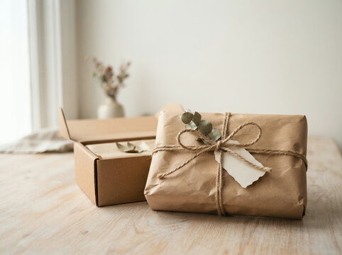 Open cardboard box beside a twine tied brown paper parcel with greenery and a tag on a wooden table