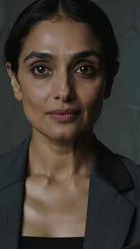 Vertical video: Turning woman opening eyes on cue in studio for portrait, wearing blazer