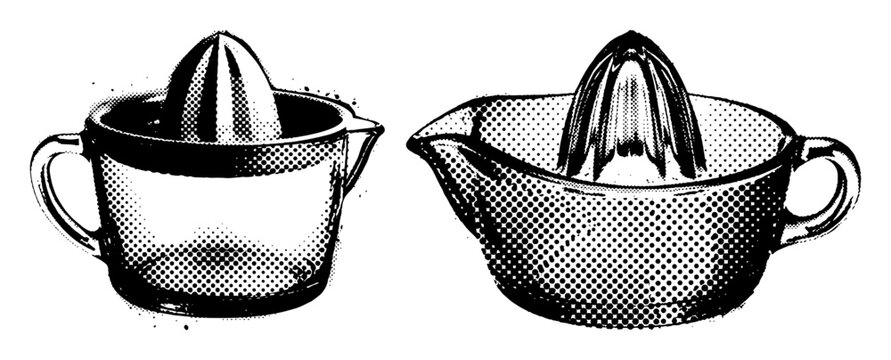 Manual citrus juicer reamers in retro halftone grunge stamp style