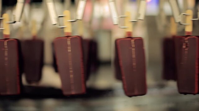 Ice lollies hanging clamps moving conveyor. Close up dessert production plant.