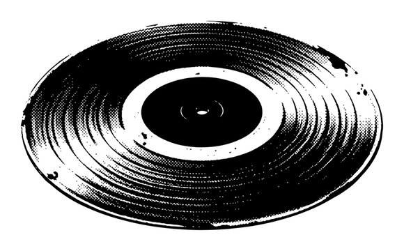 Vinyl record disk for music playback in retro halftone textured stamp xero style