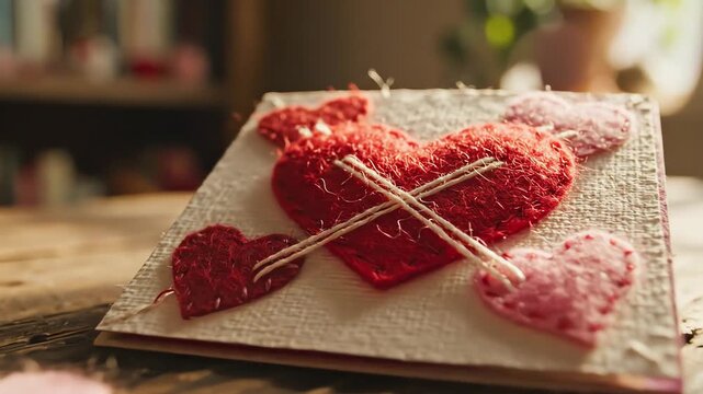 Handmade red yarn heart craft on wooden table