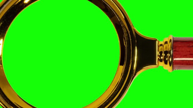 Magnifying glass zoom gold rim polished wood handle green background