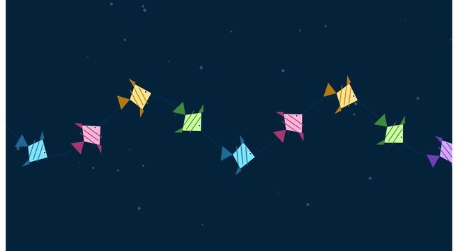 Colorful geometric fish swimming in school motion animation background, abstract blue bubbles