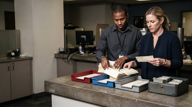 Bank staff sort deposit packets during an outage