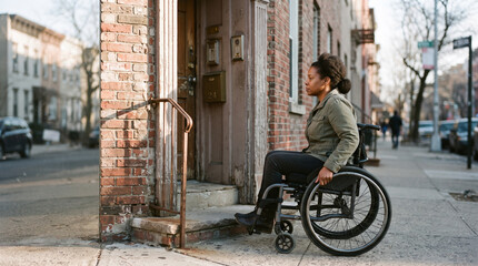 Obraz premium Wheelchair user at a narrow rental building entry