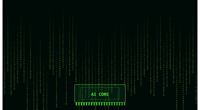 Ai core processor chip with digital binary code rain background, artificial intelligence technology concept animation