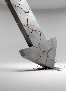 Financial Loss and Economic Crisis Concept: Cracked Concrete Downward Arrow Crashing into Ground