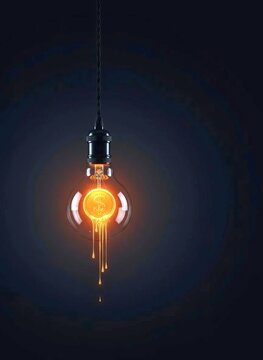 Energy Crisis and High Utility Cost: Glowing Lightbulb Filament Melting like Liquid Gold on Dark Background