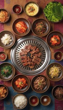 Traditional Korean Barbecue Dining: Grilled Pork and Beef with Banchan Side Dishes and Kimchi Flat Lay Feast