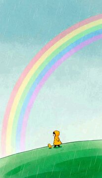 Childhood Hope and Peaceful Wonder: Child in Yellow Raincoat Walking with Small Dog Under Rainbow