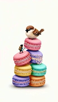 Whimsical Sweet Adventure and French Pastries: Miniature Hiker Climbing Colorful Stack of Macarons with Bird