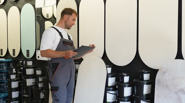 Warehouse worker managing paint inventory in hardware store