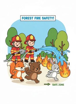 Forest Fire Safety Education: Cute Firefighters Extinguishing Wildfire and Woodland Animals Evacuating to Safe Zone