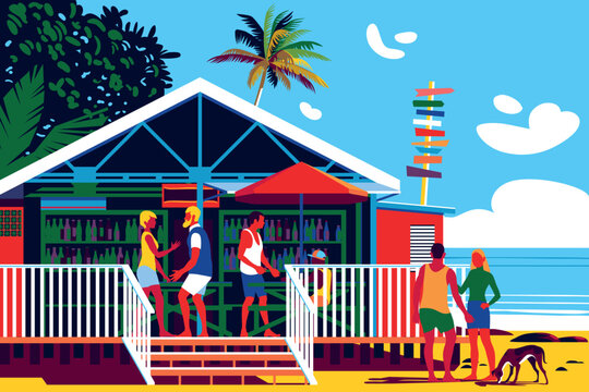 Beautiful Tropical Caribbean landscape with traditional beach bar with funny happy people on vacations, white beach, palms and  sea in the background. Handmade drawing vector illustration.