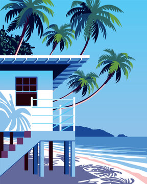 Beautiful Tropical Caribbean landscape with traditional bungalow, white beach, palms, sea and island in the background. Handmade drawing vector illustration.