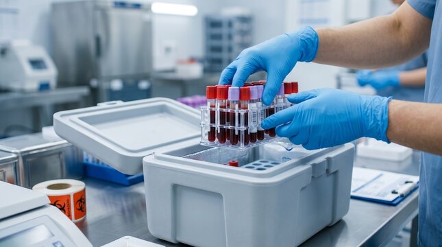 Gloved hands prepare blood samples for transport