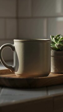 Vertical video: Zooming camera bringing mug on coaster closer on kitchen counter, framing mug