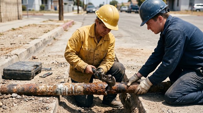 Crew cuts damaged water pipe at a curbside trench