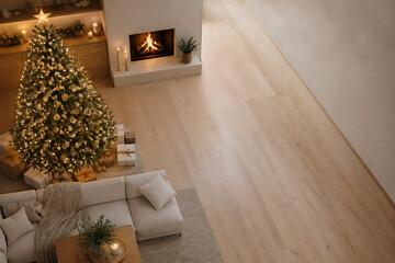 Fototapeta premium A warmly decorated living room with a Christmas tree, fireplace, and light wood flooring.