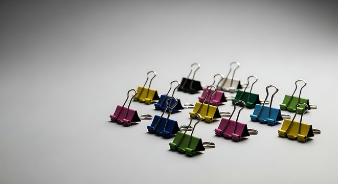 A collection of colorful binder clips arranged on a clean white studio background surface
