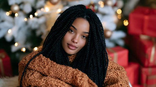 Smiling young Black woman with braided hair celebrating holidays near glowing tree and red gift boxes in cozy winter room interior atmosphere portrait closeup of happy person enjoy joyful seasonal spi