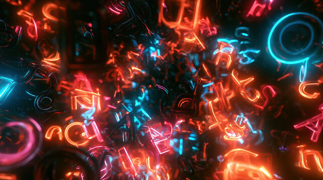 Neon letters numbers symbols glowing red blue pink futuristic background dark light bokeh digital technology energy motion