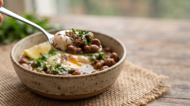 Close detail of egg and fava bean ful medames