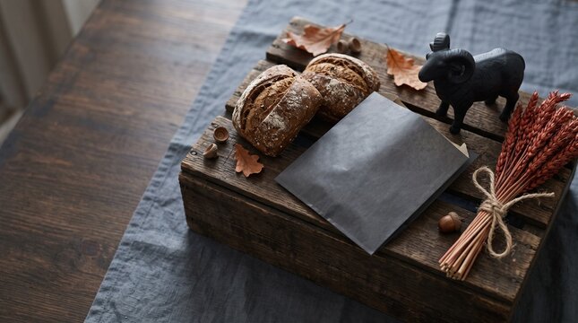 Artisan bread gift assortment beside a black ram sculpture
