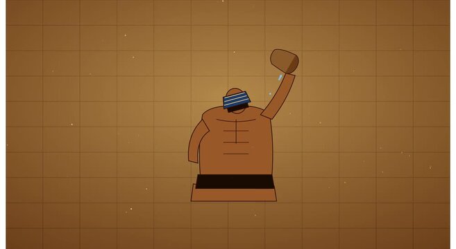 2D animation of traditional japanese sumo wrestler performing ritual purification with water dipper japanese culture