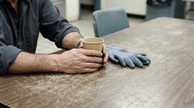 Quiet hands rest beside a cup between factory shifts
