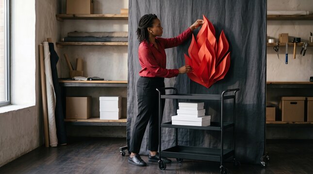Stylist builds a scarlet paper flame retail display