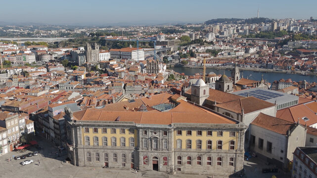 Aerial view of the Portuguese Centre of Photography with its historic architecture and orange tiled roofs overlooking the urban landscape of Porto, Porto, Portugal.