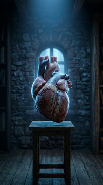 Anatomical Human Heart Displayed on Rustic Stool in Moody Atmospheric Library Setting with Blue Light