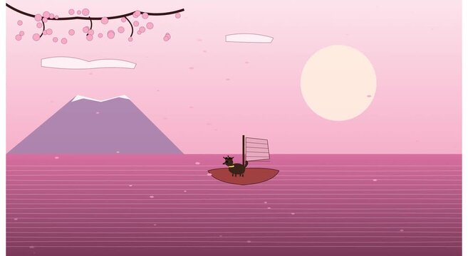 Cute dog sailing on boat in japan landscape, mount fuji background, with cherry blossoms, minimalist 2D flat animation